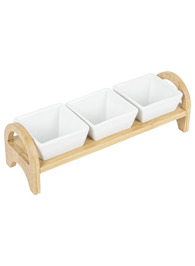 Restaurantware طقم تقديم ثلاثي من الأطباق الخزفية الصغيرة - 21 أونصة - أطباق خزفية بيضاء مربعة أنيقة مع صينية من الخيزران: مثالي للتذوق، والفعاليات المخصصة، والبوفية - علبة 1 قطعة - Image 1