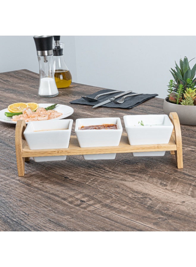 Restaurantware طقم تقديم ثلاثي من الأطباق الخزفية الصغيرة - 21 أونصة - أطباق خزفية بيضاء مربعة أنيقة مع صينية من الخيزران: مثالي للتذوق، والفعاليات المخصصة، والبوفية - علبة 1 قطعة - Image 4