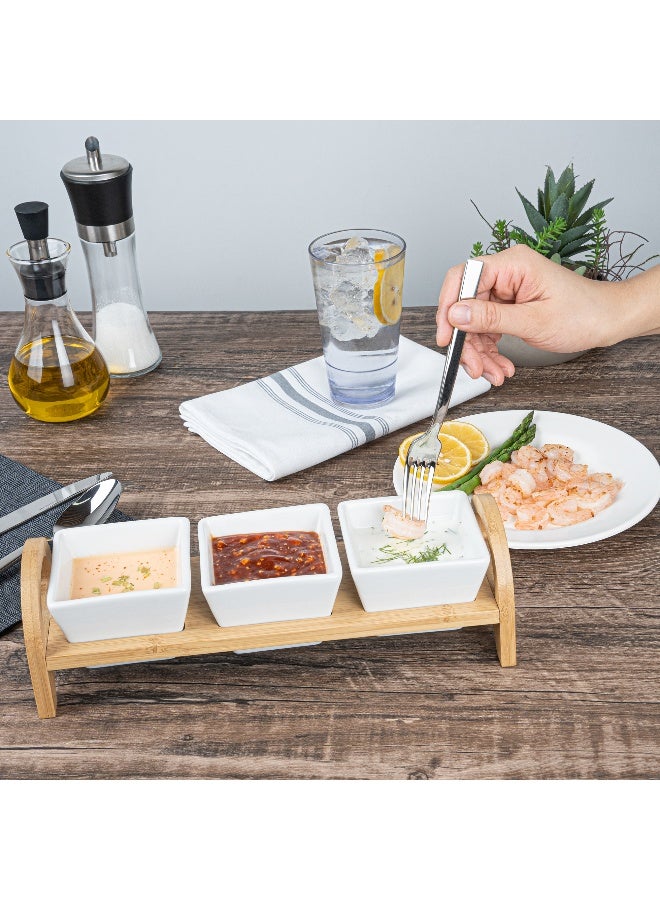 Restaurantware طقم تقديم ثلاثي من الأطباق الخزفية الصغيرة - 21 أونصة - أطباق خزفية بيضاء مربعة أنيقة مع صينية من الخيزران: مثالي للتذوق، والفعاليات المخصصة، والبوفية - علبة 1 قطعة - Image 5