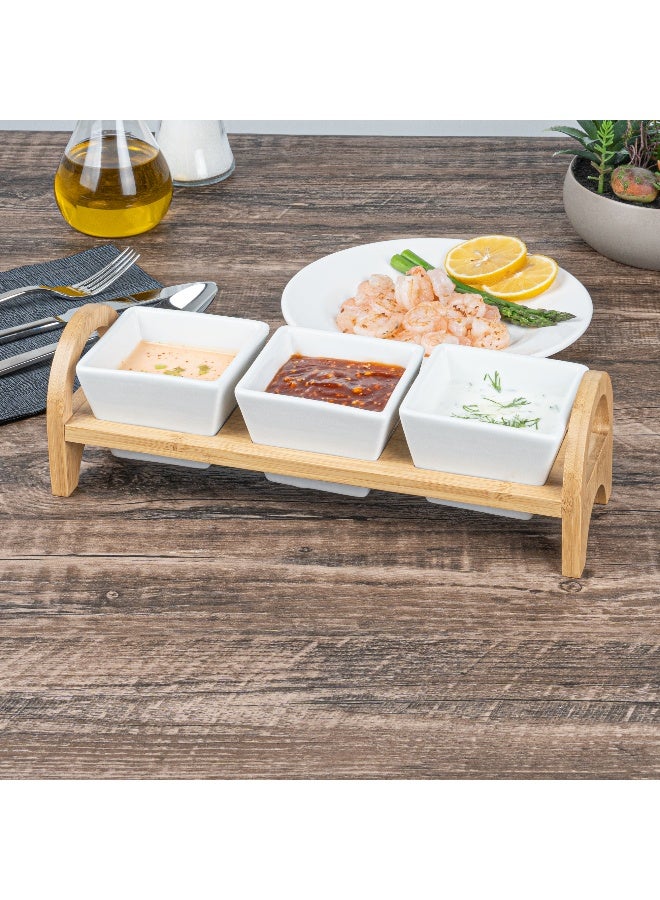 Restaurantware طقم تقديم ثلاثي من الأطباق الخزفية الصغيرة - 21 أونصة - أطباق خزفية بيضاء مربعة أنيقة مع صينية من الخيزران: مثالي للتذوق، والفعاليات المخصصة، والبوفية - علبة 1 قطعة - Image 3