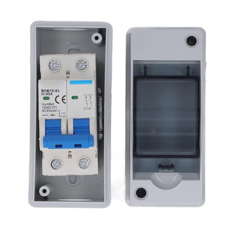 klarako DC Miniature Circuit Breaker with Box, IP65 Waterproof 2 Pole 1000V 40 Amp Isolator for Solar PV System, DC Disconnect Switch with Protective Transparent Cover for Home, RV Use - Image 2