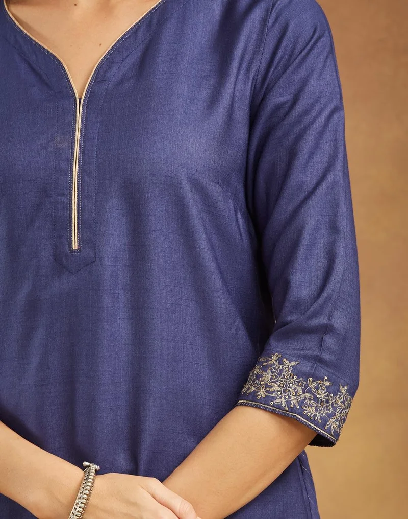 Fabindia  Navy Viscose Silk Hand Embroidered Long Kurta for Women | Best Price UAE