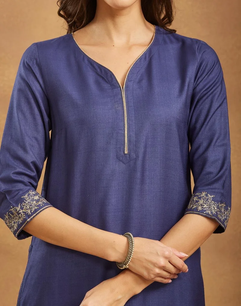 Fabindia  Navy Viscose Silk Hand Embroidered Long Kurta for Women | Best Price UAE