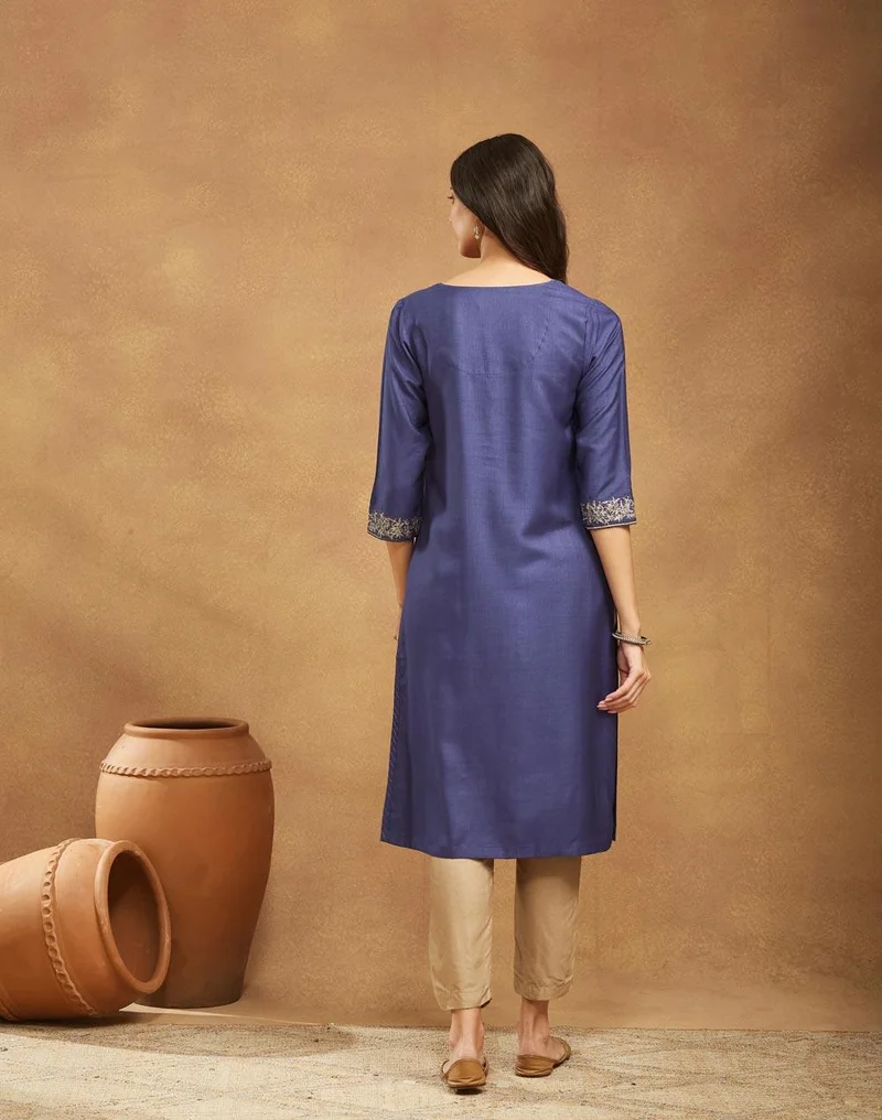Fabindia  Navy Viscose Silk Hand Embroidered Long Kurta for Women | Best Price UAE