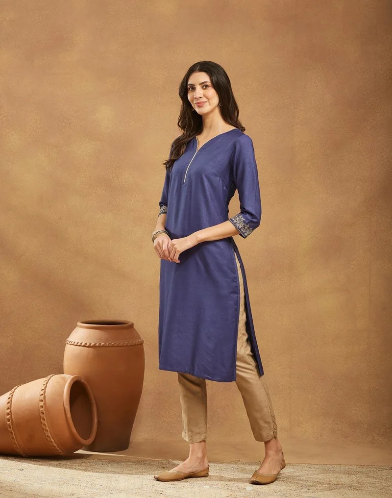 Fabindia  Navy Viscose Silk Hand Embroidered Long Kurta for Women | Best Price UAE