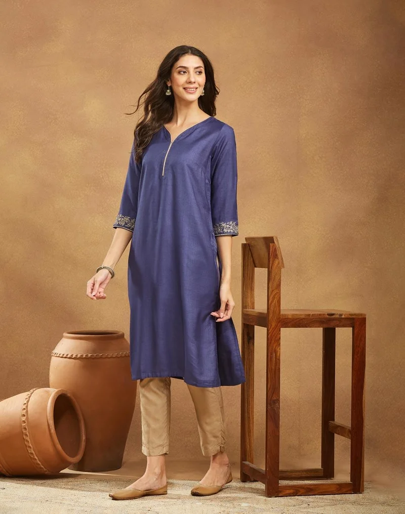 فاب انديا Navy Viscose Silk Hand Embroidered Long Kurta