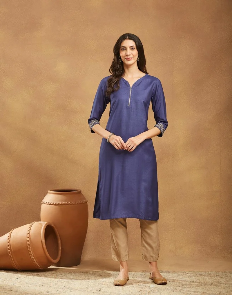 فاب انديا Navy Viscose Silk Hand Embroidered Long Kurta