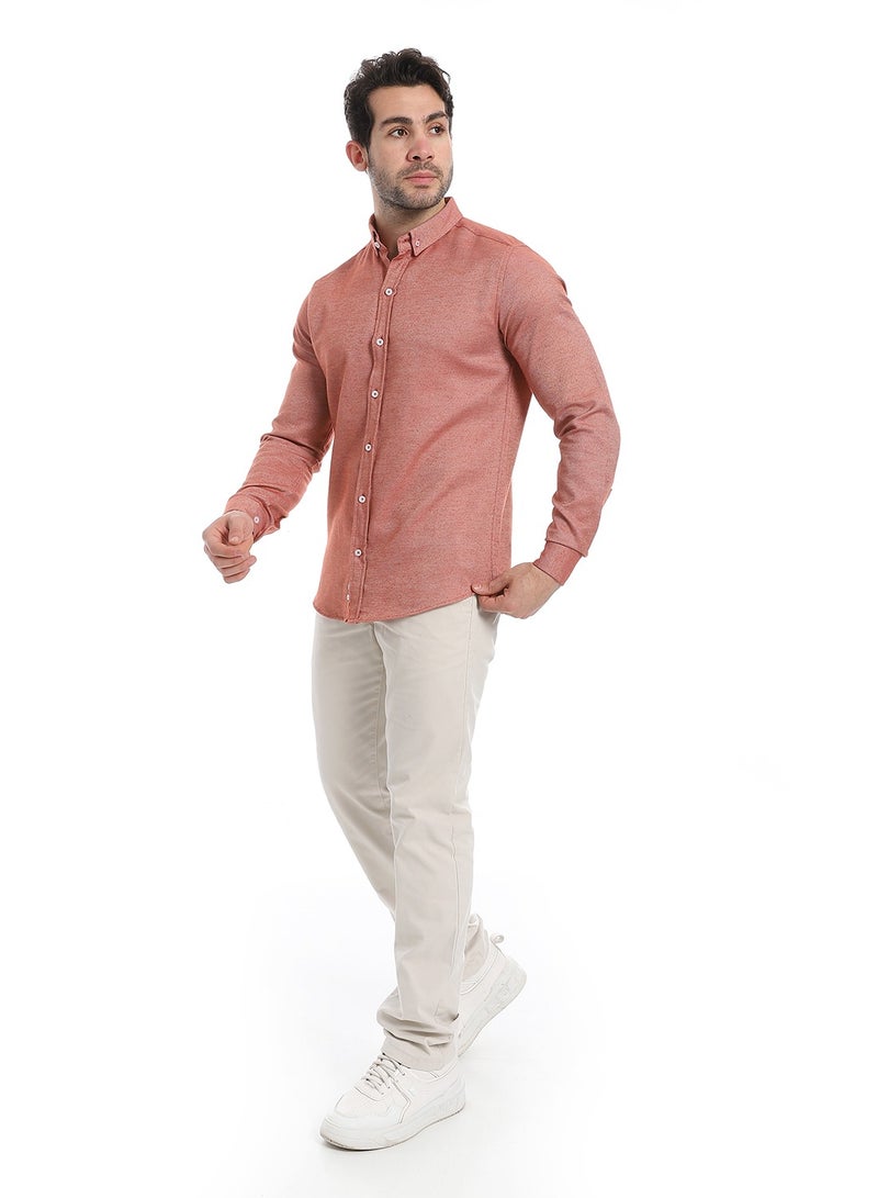 Andora Classic Heather Cotton Long Sleeve Shirt_Reddish Orange  - Image 5