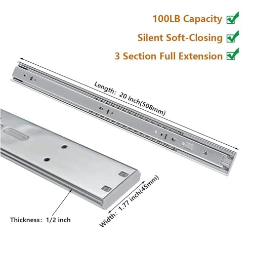 LONTAN Soft Close Drawer Slides 20 Inch Heavy Duty Ball Bearing Dresser Drawer Glides- 1 Pair Full Extension Cabinet Rails with Rear Mounting Brackets 100lb Capacity - Image 2