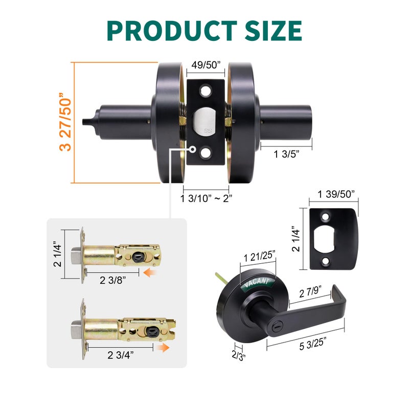 Marie Commercial Door Handle For Bathroom Privacy Vacant Occupied & Commercial Restroom Lock Durable Restroom Door Handle With In-Use & Vacant Large Indicator (Black) - Image 2