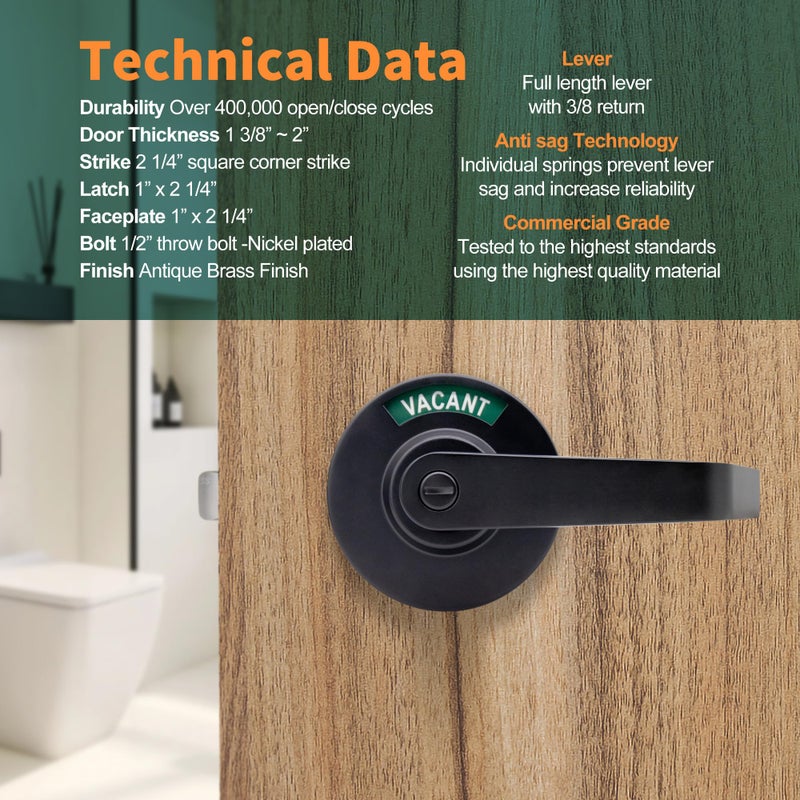Marie Commercial Door Handle For Bathroom Privacy Vacant Occupied & Commercial Restroom Lock Durable Restroom Door Handle With In-Use & Vacant Large Indicator (Black) - Image 4