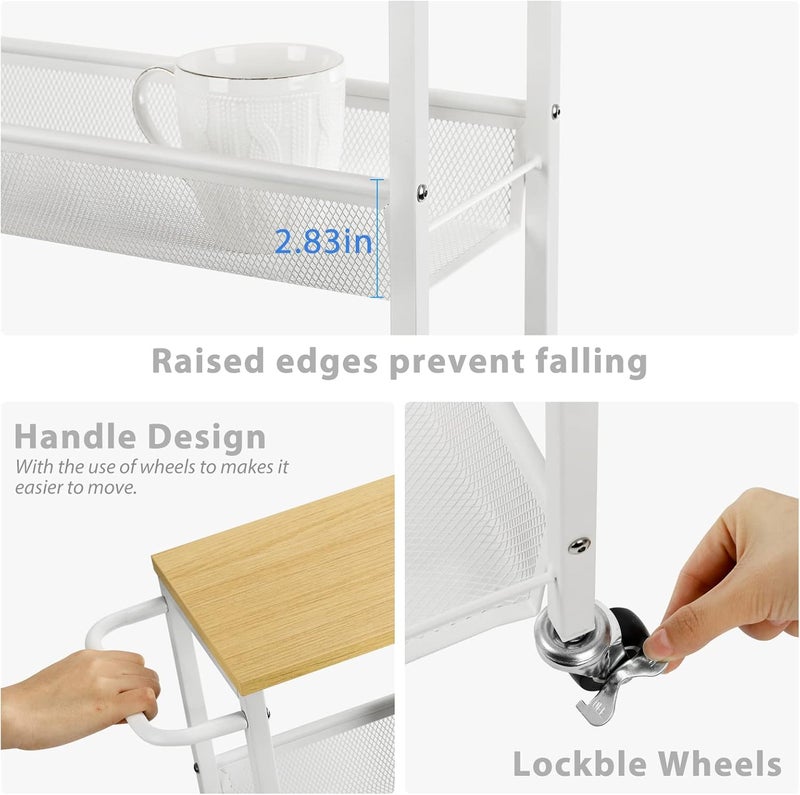 MOOACE Slim Storage Cart, 4 Tier Rolling Kitchen Shelving Unit on Wheels Mobile Narrow Cart with Wooden Tabletop for Bathroom, Laundry Narrow Places, 16.6''x 7.3''x 31.1''inch - White - Image 2