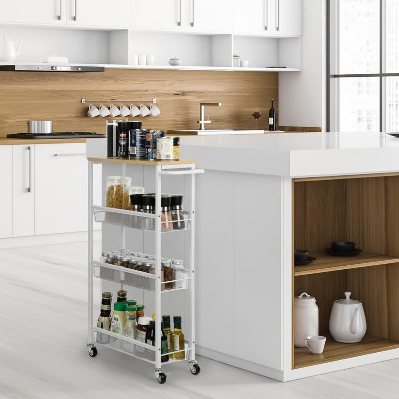 MOOACE Slim Storage Cart, 4 Tier Rolling Kitchen Shelving Unit on Wheels Mobile Narrow Cart with Wooden Tabletop for Bathroom, Laundry Narrow Places, 16.6''x 7.3''x 31.1''inch - White - Image 5