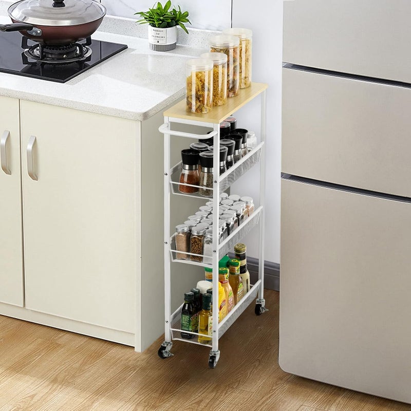 MOOACE Slim Storage Cart, 4 Tier Rolling Kitchen Shelving Unit on Wheels Mobile Narrow Cart with Wooden Tabletop for Bathroom, Laundry Narrow Places, 16.6''x 7.3''x 31.1''inch - White - Image 4