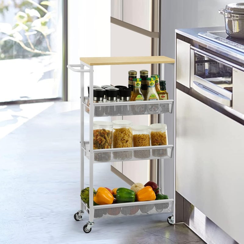 MOOACE Slim Storage Cart, 4 Tier Rolling Kitchen Shelving Unit on Wheels Mobile Narrow Cart with Wooden Tabletop for Bathroom, Laundry Narrow Places, 16.6''x 7.3''x 31.1''inch - White - Image 3