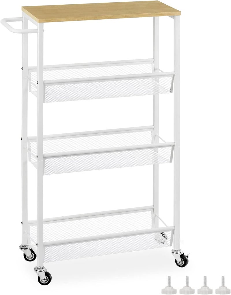 MOOACE Slim Storage Cart, 4 Tier Rolling Kitchen Shelving Unit on Wheels Mobile Narrow Cart with Wooden Tabletop for Bathroom, Laundry Narrow Places, 16.6''x 7.3''x 31.1''inch - White - Image 1