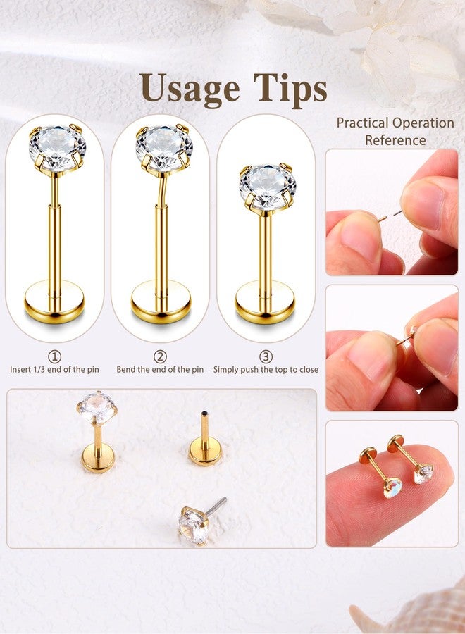 Sanfenly 21Pcs Threadless Earrings Flat Back Earrings 316L Surgical Steel Push in Stud Earrings Labret Studs Lip Rings CZ Opal Star ball Hoop Nose Rings - Cartilage Helix Conch Nostril Tragus Piercing - Image 3