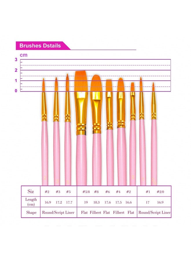 مجموعة من 10 فرش رسم فنية للرسم بالأكريليك، بمقبض خشبي ناعم ومريح، وشعيرات صناعية بأحجام وأشكال مختلفة، فرش ألوان مائية (وردي) - Image 2