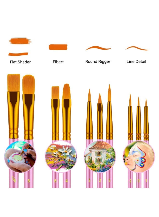 مجموعة من 10 فرش رسم فنية للرسم بالأكريليك، بمقبض خشبي ناعم ومريح، وشعيرات صناعية بأحجام وأشكال مختلفة، فرش ألوان مائية (وردي) - Image 3