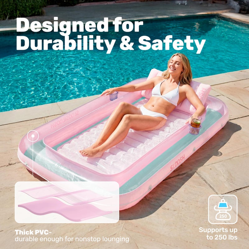 SLOOSH Inflatable Tanning Pool Lounger Float, 70" x 46" Pool Floats Adult with Pillow, 4 in 1 Suntan Tub Raft Floatie,Sunbathing Bed Lounge for Water Blow Up Ball Pit Party Gifts, L-Cyan Pink - Image 5