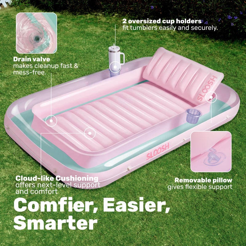 SLOOSH Inflatable Tanning Pool Lounger Float, 70" x 46" Pool Floats Adult with Pillow, 4 in 1 Suntan Tub Raft Floatie,Sunbathing Bed Lounge for Water Blow Up Ball Pit Party Gifts, L-Cyan Pink - Image 4