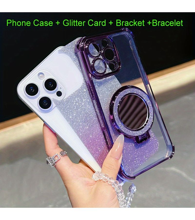 Silvery Phone Case Compatible with Tecno Spark Go 2024 Premium Protective Cover with Reinforced Corners Glittery Design Mirror Magnetic Stand Soft TPU Back with Clear Bead Bracelet Chain - Image 3