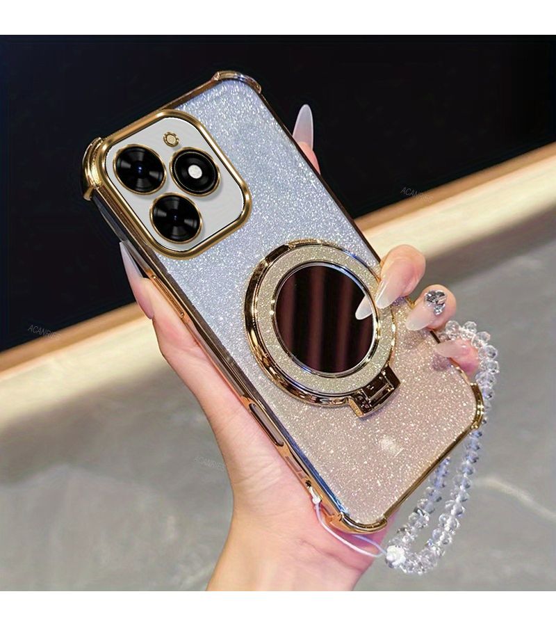 Silvery Phone Case Compatible with Tecno Spark Go 2024 Premium Protective Cover with Reinforced Corners Glittery Design Mirror Magnetic Stand Soft TPU Back with Clear Bead Bracelet Chain - Image 1