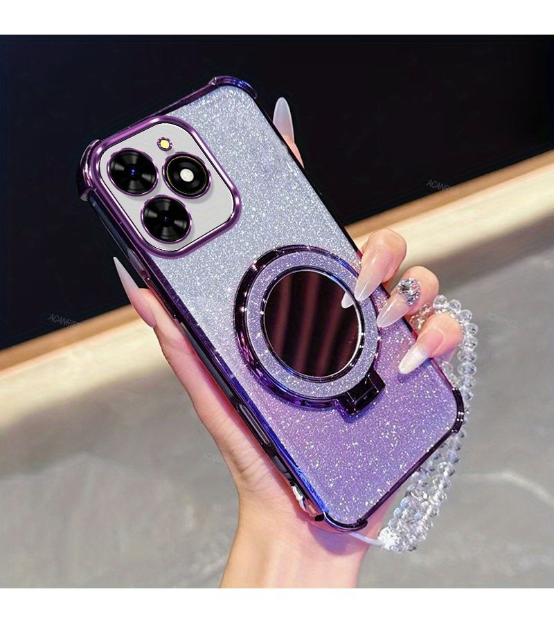 Silvery Phone Case Compatible with Tecno Spark Go 2024 Premium Protective Cover with Reinforced Corners Glittery Design Mirror Magnetic Stand Soft TPU Back with Clear Bead Bracelet Chain - Image 2