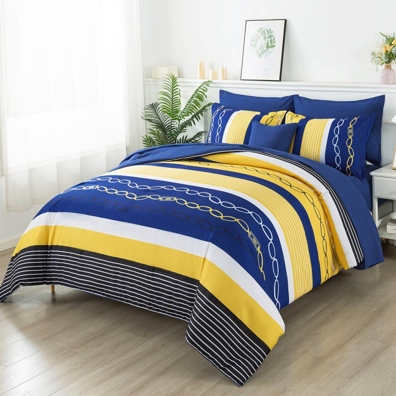 Anibedding 8 Pieces Bed in a Bag Stripe Comforter Set Queen Size,Patchwork Striped Comforter with Sheets Set Soft Microfiber Boho Bedding Sets (Blue Yellow) - Image 3