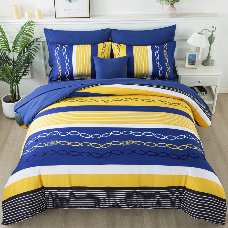 Anibedding 8 Pieces Bed in a Bag Stripe Comforter Set Queen Size,Patchwork Striped Comforter with Sheets Set Soft Microfiber Boho Bedding Sets (Blue Yellow) - Image 1