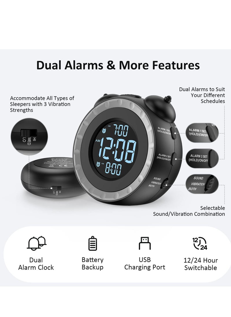 SYOSI - Loud Dual Alarm Clock with Bed Shaker, Vibrating Alarm Clock for Heavy Sleepers or Hearing Impaired, 0-100% Dimmer, Easy to Set, USB Charging, Battery Backup, Wake with a Shake - Image 1