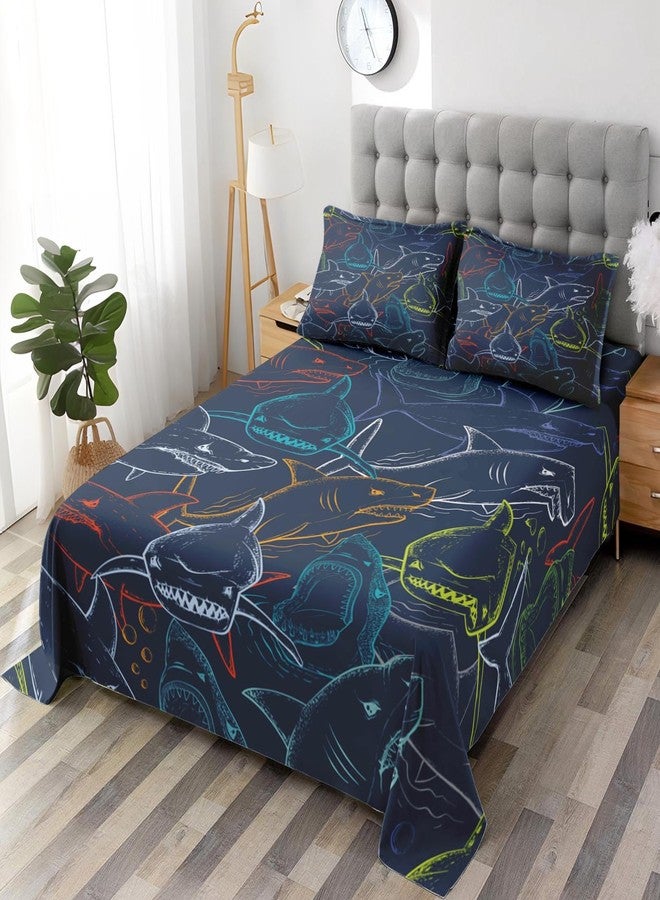 Pamnest Full Size Bed Sheet Sets, Shark Sea Retro Soft Microfiber 4 Pcs Bedding Sets for Kids and Adults Bedroom Bed Decor, Green Blue Orange Ocean Flat, Fitted Sheet and 2 Pillowcases - Image 2