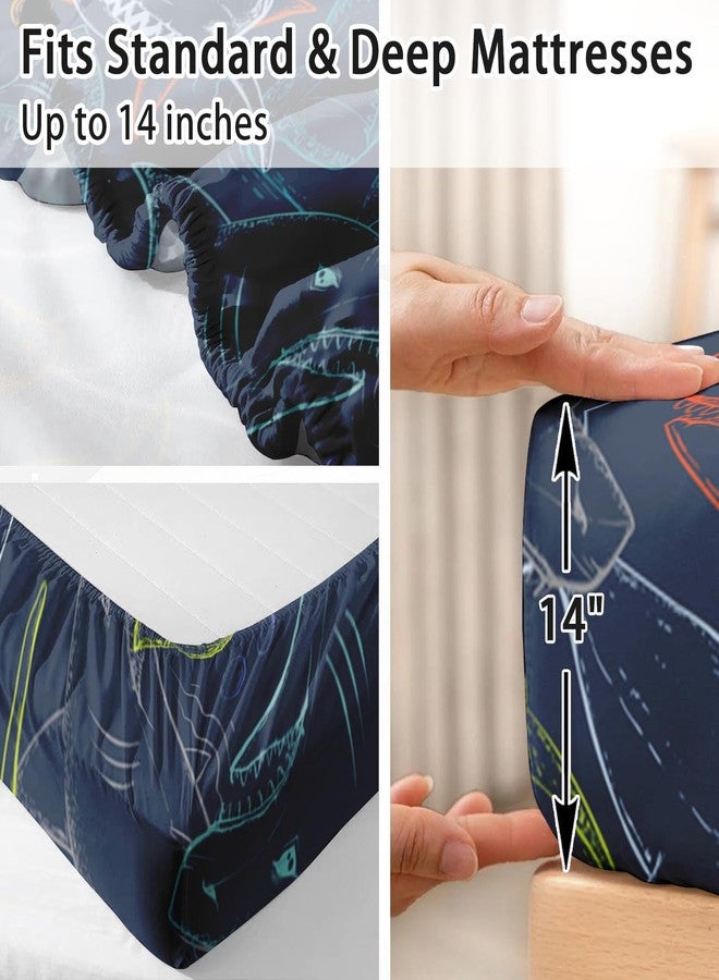 Pamnest Full Size Bed Sheet Sets, Shark Sea Retro Soft Microfiber 4 Pcs Bedding Sets for Kids and Adults Bedroom Bed Decor, Green Blue Orange Ocean Flat, Fitted Sheet and 2 Pillowcases - Image 5