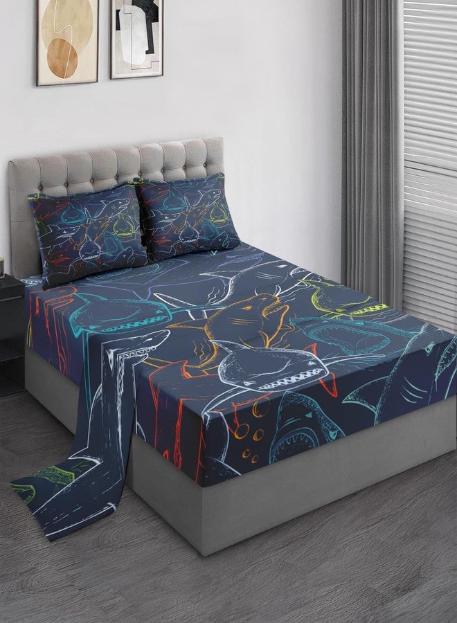 Pamnest Full Size Bed Sheet Sets, Shark Sea Retro Soft Microfiber 4 Pcs Bedding Sets for Kids and Adults Bedroom Bed Decor, Green Blue Orange Ocean Flat, Fitted Sheet and 2 Pillowcases - Image 1