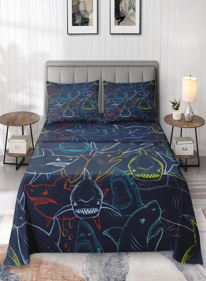 Pamnest Full Size Bed Sheet Sets, Shark Sea Retro Soft Microfiber 4 Pcs Bedding Sets for Kids and Adults Bedroom Bed Decor, Green Blue Orange Ocean Flat, Fitted Sheet and 2 Pillowcases - Image 3