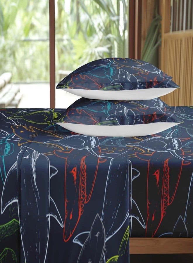 Pamnest Full Size Bed Sheet Sets, Shark Sea Retro Soft Microfiber 4 Pcs Bedding Sets for Kids and Adults Bedroom Bed Decor, Green Blue Orange Ocean Flat, Fitted Sheet and 2 Pillowcases - Image 4