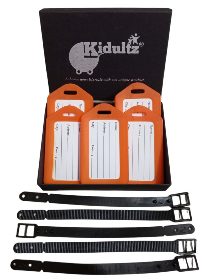 Kidultz Luggage Tags with Premium Strap for Travel suitcases, School Bags, etc..for Easily Identification of Bags(Pack of 5) (Orange) - Image 1