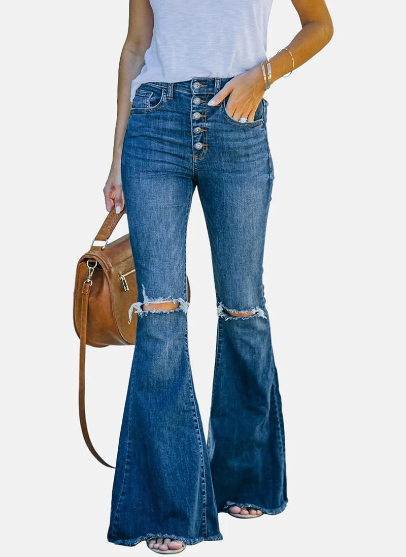 YUNIQEE Blue Bootcut Slash Knee High-Rise Jeans