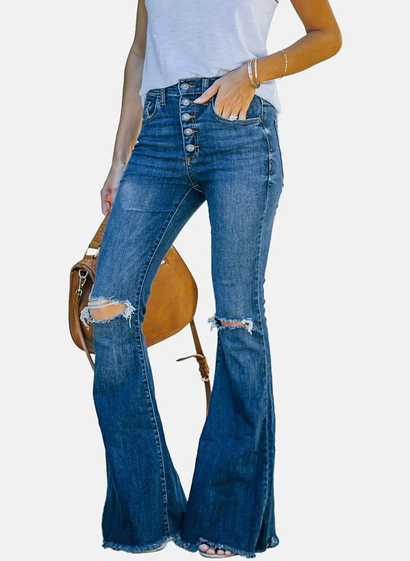 YUNIQEE Blue Bootcut Slash Knee High-Rise Jeans