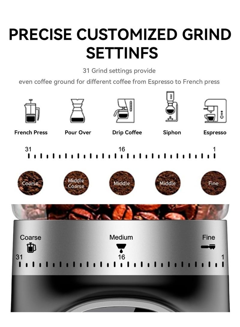 ASIV Coffee Grinder, 200 Watts, 31 Grinding Settings, 275g Bean Holder, Energy-Saving Mode, Splash-Proof, Easy to Clean, Black Nl-Cg-4966-Bk - Image 2