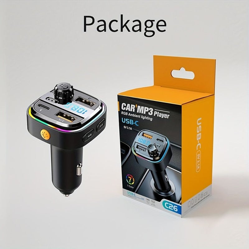 Black Wireless Car FM Transmitter Type C Dual USB Port MP3 Player Charger Colorful Ambient Light Phone Hands Free Car Accessory - Image 2