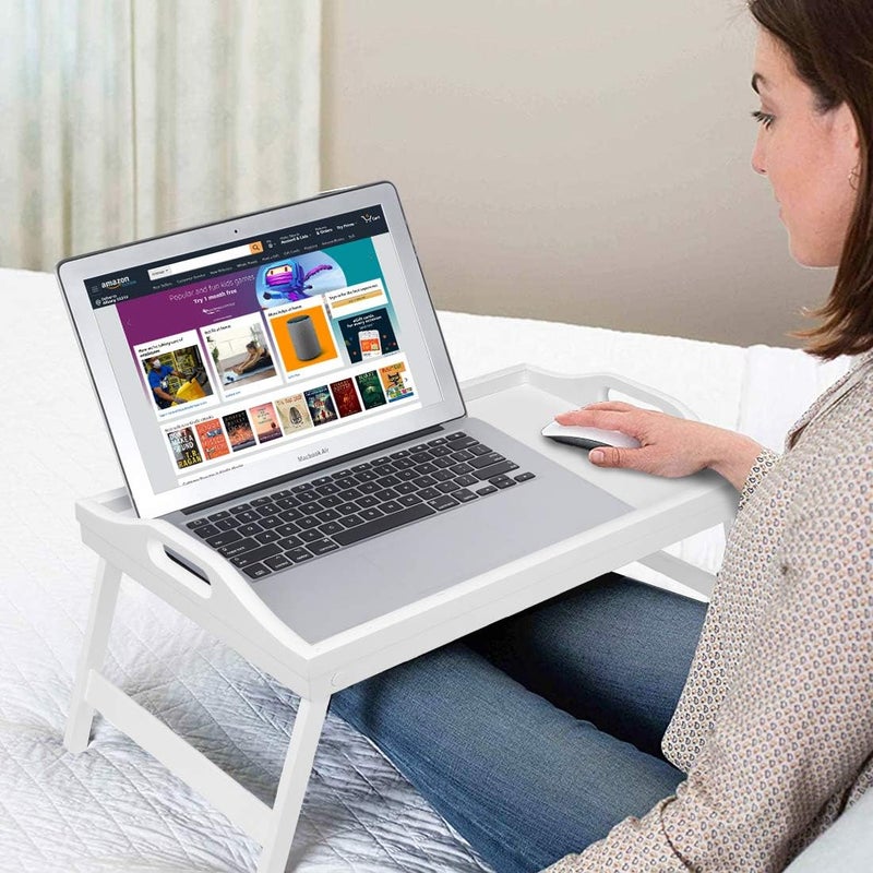 Artmalle Breakfast Tray Table with Folding Legs Serving Tray Bamboo Dinner Trays for Platter Laptop Desk Bed Table Kitchen Serving Tray Snack Trays Large Size White Large - Image 3