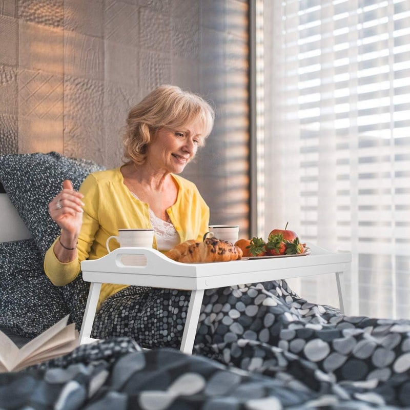 Artmalle Breakfast Tray Table with Folding Legs Serving Tray Bamboo Dinner Trays for Platter Laptop Desk Bed Table Kitchen Serving Tray Snack Trays Large Size White Large - Image 2