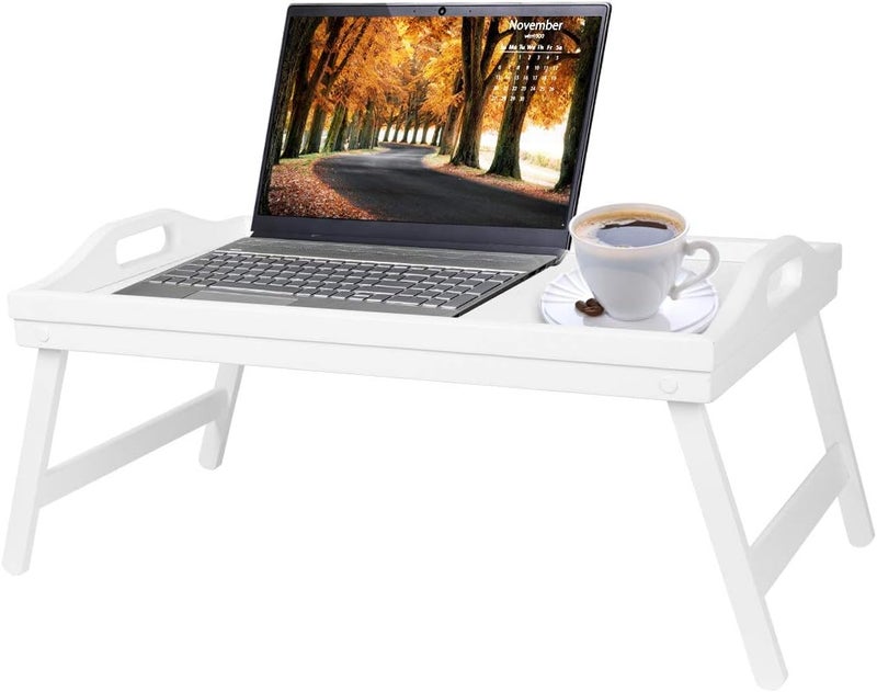 Artmalle Breakfast Tray Table with Folding Legs Serving Tray Bamboo Dinner Trays for Platter Laptop Desk Bed Table Kitchen Serving Tray Snack Trays Large Size White Large - Image 1