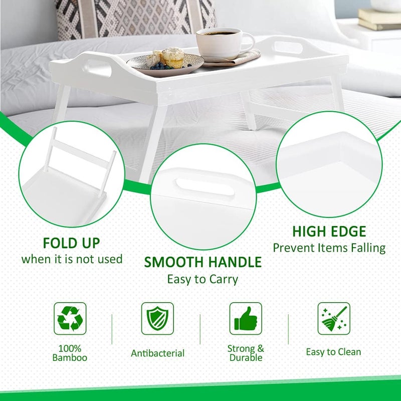 Artmalle Breakfast Tray Table with Folding Legs Serving Tray Bamboo Dinner Trays for Platter Laptop Desk Bed Table Kitchen Serving Tray Snack Trays Large Size White Large - Image 4