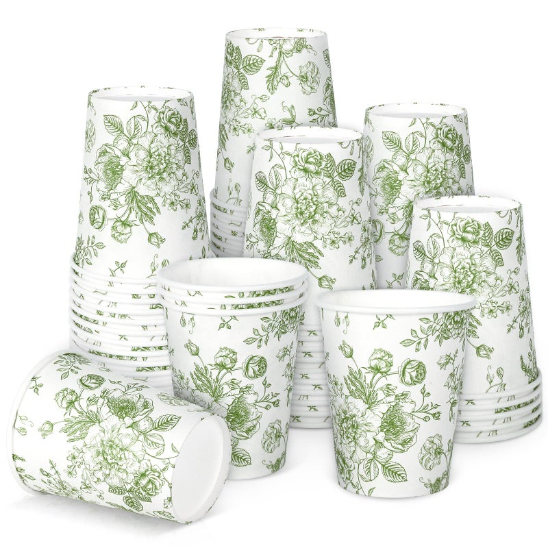 جرثينا AMCS 50 قطعة أكواب ورقية مزهرة 9 أونص زهور خضراء أكواب قابلة للتصرف أكواب شرب حفلات عتيقة مزهرة للمشروبات الباردة والساخنة لوازم الحفلات