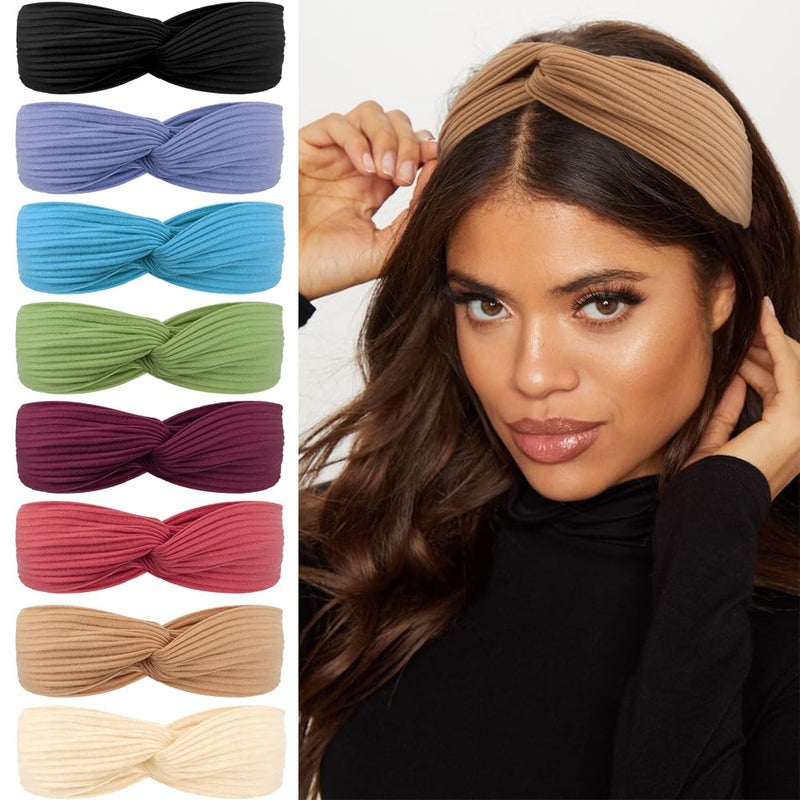 AHONEY 8 Pack Head Bands for Women's Hair Twist Headband Stretchy Workout Elastic Turban Headbands for Wigs Hair Bands Hair Accessories for Women Fashion - Image 1