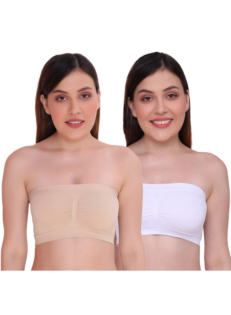 Glamroot Women's Strapless Seamless Padded Bandeau Tube Top Bra, Removable Pads, Beige/White, Size S to 2XL - Image 1