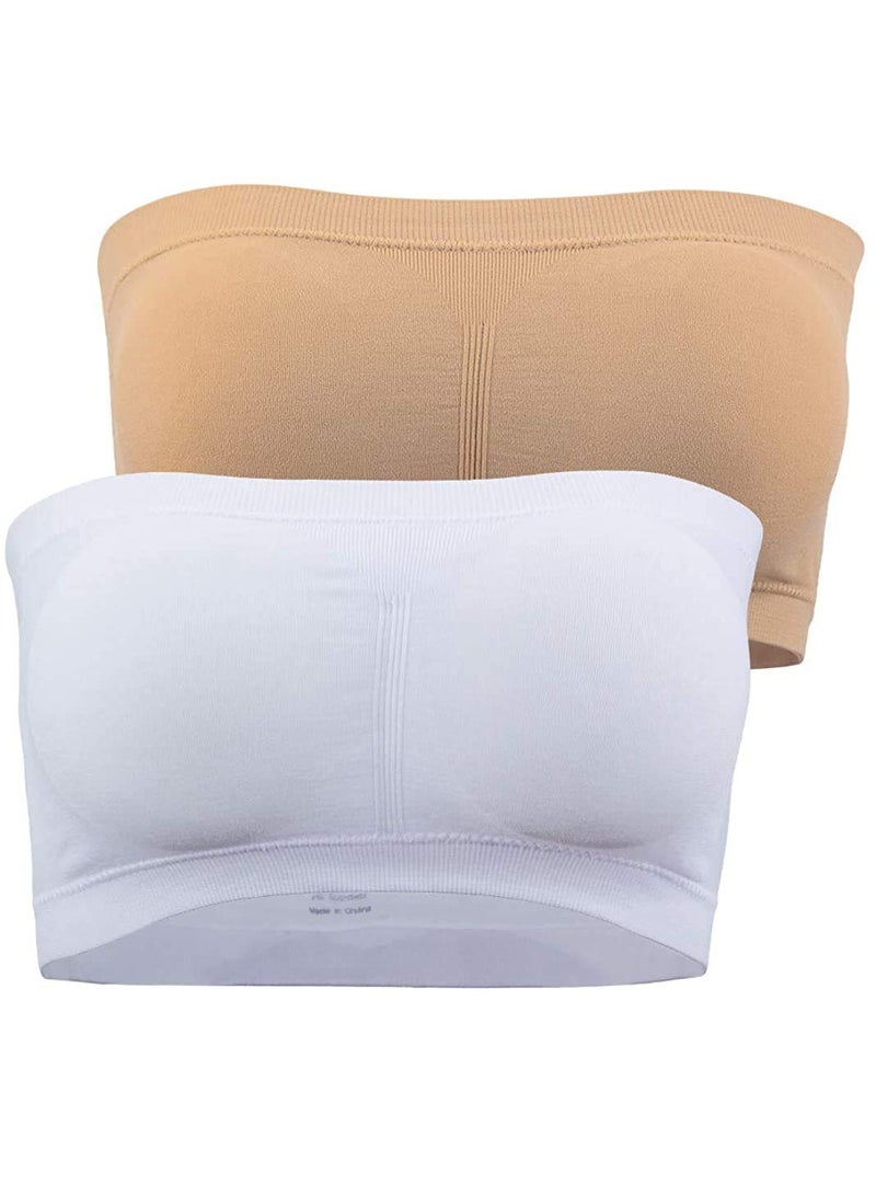 Glamroot Women's Strapless Seamless Padded Bandeau Tube Top Bra, Removable Pads, Beige/White, Size S to 2XL - Image 2