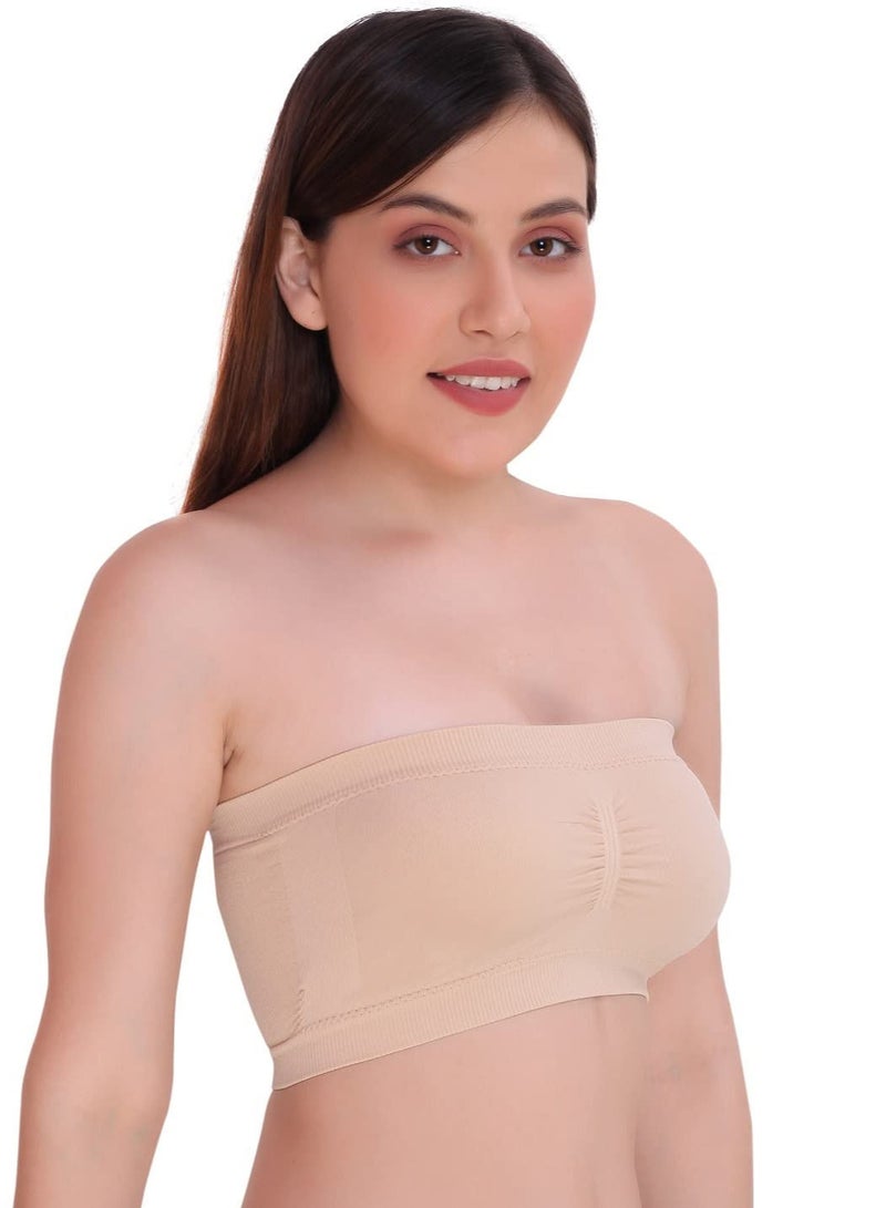 Glamroot Women's Strapless Seamless Padded Bandeau Tube Top Bra, Removable Pads, Beige/White, Size S to 2XL - Image 5